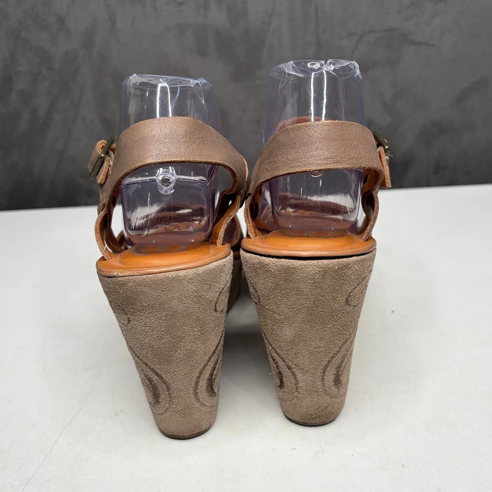 Kork-Ease Wedge Sandals Womens 9 Brown Leather Embroidered Platform Ankle Strap